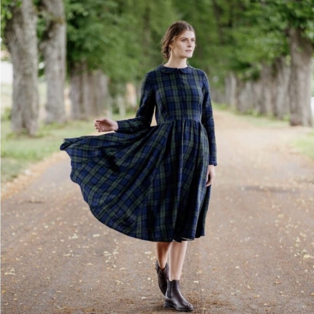 Gorgeous blue & green plaid tartan long sleeve dress. Hand made in Lithuania.